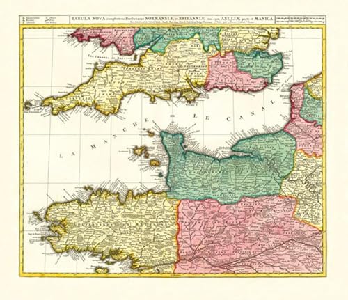 Historische Karte: Ärmelkanal - südliches England und nördliches Frankreich mit den Kanalinseln, um 1710 von Rockstuhl, H