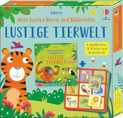 Mein buntes Memo und Bilderlotto: Lustige Tierwelt: 4 Spielbretter, 36 Karten und Begleitbuch (Usborne Memo-und-Bilderlotto-Reihe)