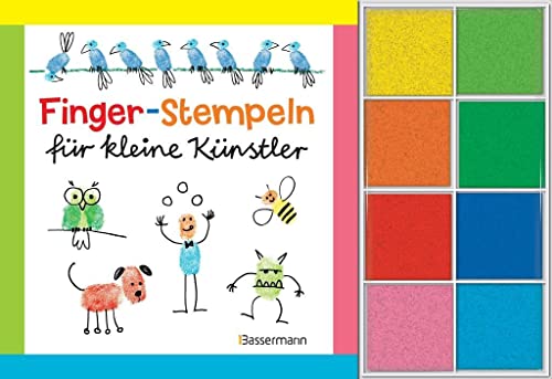 Fingerstempeln für kleine Künstler-Set: Buch und 8 Stempelkissen.