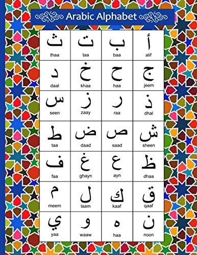 Arabic Alphabet: Colorful Moroccan Mosaic Pattern Arabic Notebook with Arabic Alphabet table, A4 8.5x11" Blank wide ruled paper, right margin for right to left Arabic writing, perfect bound Soft back