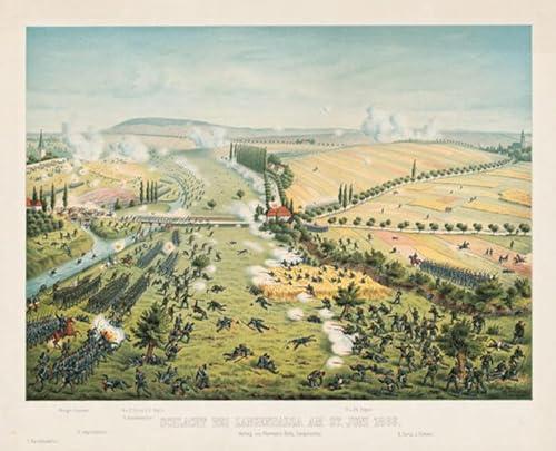 Schlacht bei Langensalza am 27. Juni 1866: Lithographie von der Schlacht bei Langensalza am 27. Juni 1866 mit Merxleben, der Unstrut und Langensalza von Verlag Rockstuhl