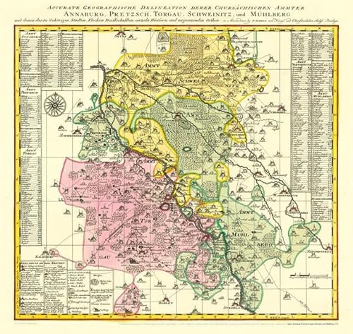 Historische Karte: Ämter Annaburg, Pretzsch, Torgau, Schweinitz und Mühlberg, 1757 (Plano): KURFÜRSTENTUM SACHSEN | MEISSNISCHER KREIS und KURKREIS von Rockstuhl Verlag