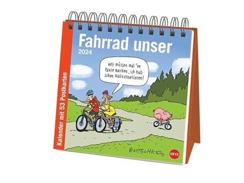 Butschkow: Fahrrad unser Premium-Postkartenkalender 2024. Kleiner Kalender zum Aufstellen mit wöchentlichem Cartoon als Postkarte zum Sammeln und Verschicken. von HEYE