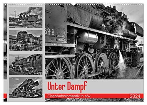 Unter Dampf - Eisenbahnromantik in schwarz-weiß (Wandkalender 2024 DIN A2 quer), CALVENDO Monatskalender