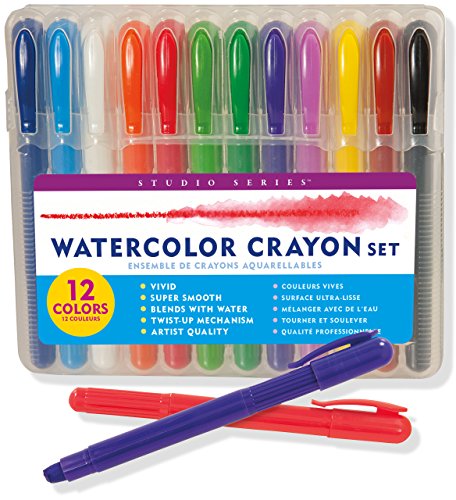 Studio Series Watercolor Crayon Set: 12 Water Soluble Gel Crayons: Royal Blue, Sky Blue, White, Yellow, Red, Grass Green, Emerald Green, Violet, Pink, Orange, Brown, Black