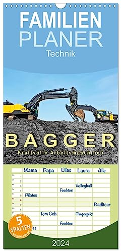 Familienplaner 2024 - Bagger - kraftvolle Arbeitsmaschinen mit 5 Spalten (Wandkalender, 21 cm x 45 cm) CALVENDO