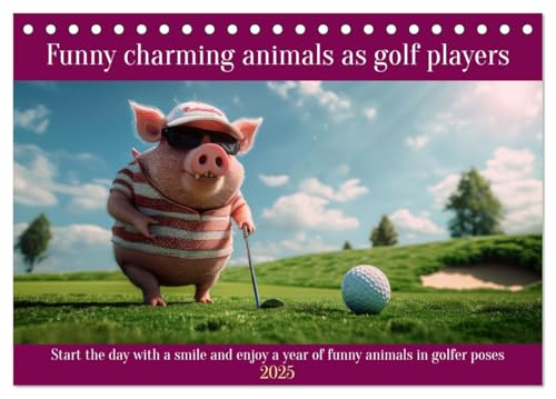 Funny charming animals as golf players (Tischkalender 2025 DIN A5 quer), CALVENDO Monatskalender von CALVENDO