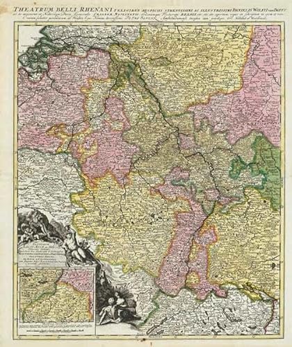 Historische Karte: RHEINLAUFKARTE - der Rhein 1690 (PLANO): Theatrum Belli Rhenani Feligibus Auspicilis Strenuissimi ac Illustrissimi Danielis Wolfii ... cum privilegie Ord. Holland: et Westfrisiae