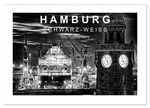 Hamburg in schwarz-weiss (Wandkalender 2025 DIN A2 quer), CALVENDO Monatskalender von CALVENDO