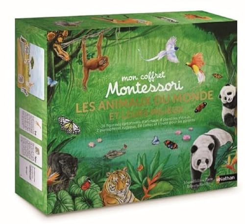 Coffret Montessori: Les animaux du monde et leurs milieux: 36 figurines cartonnées d'animaux, 6 planches milieux, 2 planisfères rugueux, 38 cartes et 1 livret pour les parents von NATHAN
