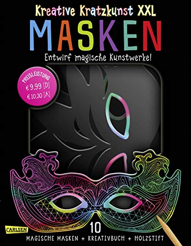 Kreative Kratzkunst XXL: Masken: Set mit 10 Kratz-Masken, Anleitungsbuch und Holzstift: 10 Kinder-Masken ideal für Fasching, Karneval, Verkleiden und Kindergeburtstag
