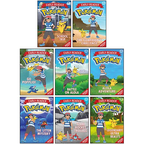 The Official Pokemon Early Reader 8 Books Collection Set (Alola Adventure, Guardians Challenge, Team Rocket Trouble, Battle on Alola, Go Popplio!, School Trip and MORE!)