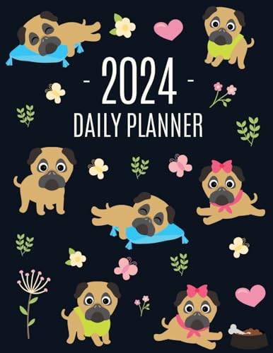 Pug Planner 2024: Funny Tiny Dog Monthly Agenda | January-December Organizer (12 Months) | Cute Canine Puppy Pet Scheduler with Flowers & Pretty Pink Hearts von Semsoli