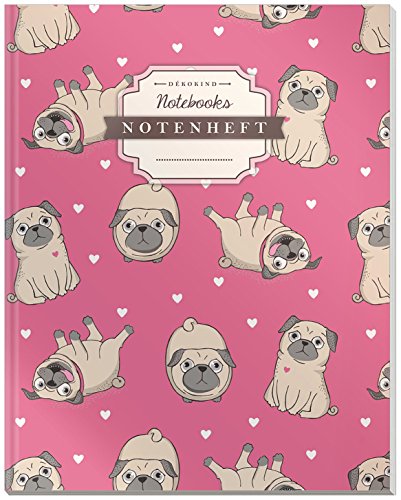 DÉKOKIND Notenheft | DIN A4, 64 Seiten, 12 Notensysteme pro Seite, Inhaltsverzeichnis, Vintage Softcover | Dickes Notenbuch | Motiv: Mops Welpen