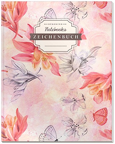 DÉKOKIND Zeichenbuch | DIN A4, 122 Seiten, Register, Vintage Softcover | Dickes Blanko-Notizbuch zum Selbstgestalten | Motiv: Retro Blumen