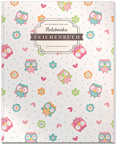DÉKOKIND Zeichenbuch: DIN A4, 122 Seiten, Register, Vintage Softcover | Dickes Blanko-Notizbuch zum Selbstgestalten | Motiv: Lustige Eulen