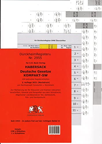 DürckheimRegister® HABERSACK KOMPAKT SW: 128 Registeretiketten (sog. Griffregister) für deinen HABERSACK, C.H.Beck Verlag. Markiere das AT, Schulrecht ... und §§ . BGB, StGB, StPO und ZPO/FamFG von Dürckheim Verlag