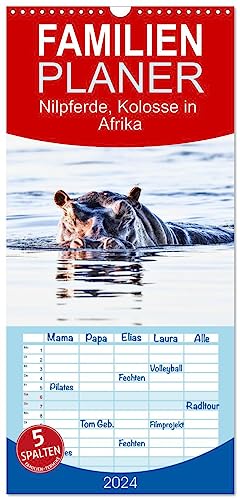 Familienplaner 2024 - Nilpferde, Kolosse in Afrika mit 5 Spalten (Wandkalender, 21 cm x 45 cm) CALVENDO
