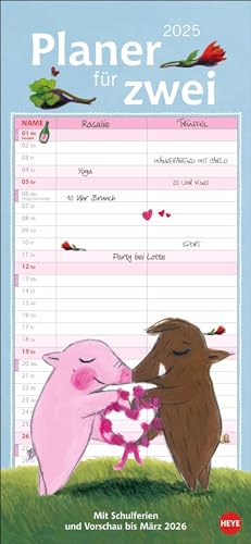 Rosalie & Trüffel Planer für zwei 2025: Wandplaner für 2. Partnerkalender mit 2 Spalten. Terminkalender mit niedlichen Illustrationen des bekannten Schweine-Duos. Wandkalender für 2 Personen von Heye