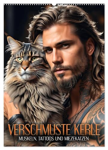 Verschmuste Kerle - Muskeln, Tattoos und Miezekatzen (Wandkalender 2025 DIN A2 hoch), CALVENDO Monatskalender