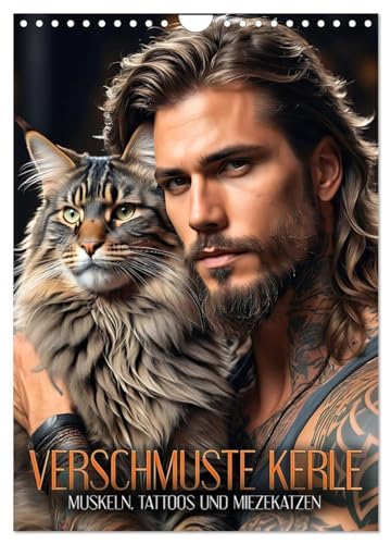 Verschmuste Kerle - Muskeln, Tattoos und Miezekatzen (Wandkalender 2025 DIN A4 hoch), CALVENDO Monatskalender