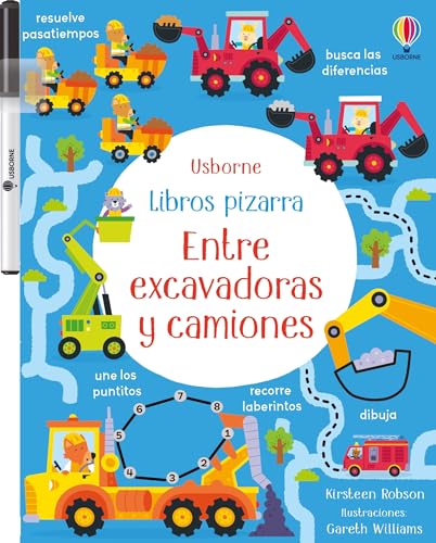 Entre excavadoras y camiones (Libros pizarra con actividades) von Ediciones Usborne