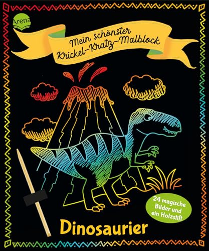 Mein schönster Krickel-Kratz-Malblock. Dinosaurier: Beschäftigungsbuch für Kinder ab 5 Jahren mit 24 magischen Bildern und einem Holzstift von Arena