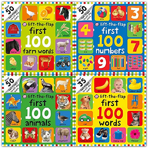 Lift the Flap 4 Children Board Books Collection Set (First 100 Farm Words, First 100 Numbers, First 100 Animals, First 100 Words)