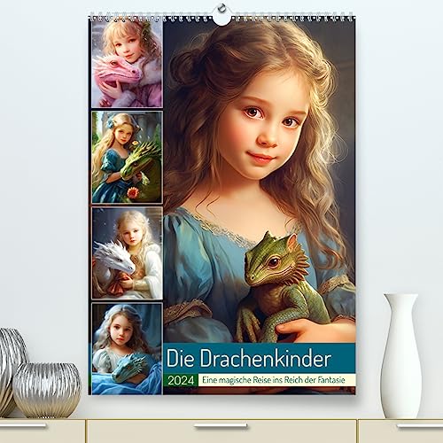 Die Drachenkinder. Eine magische Reise ins Reich der Fantasie (hochwertiger Premium Wandkalender 2024 DIN A2 hoch), Kunstdruck in Hochglanz