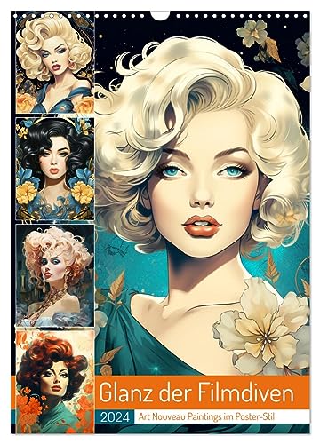 Glanz der Filmdiven. Art Nouveau Paintings im Poster-Stil (Wandkalender 2024 DIN A3 hoch), CALVENDO Monatskalender von CALVENDO