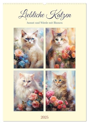 Liebliche Katzen. Anmut und Würde mit Blumen (Wandkalender 2025 DIN A2 hoch), CALVENDO Monatskalender von CALVENDO