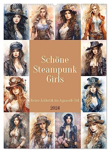Schöne Steampunk Girls. Retro-Ästhetik im Aquarell-Stil (Wandkalender 2024 DIN A2 hoch), CALVENDO Monatskalender
