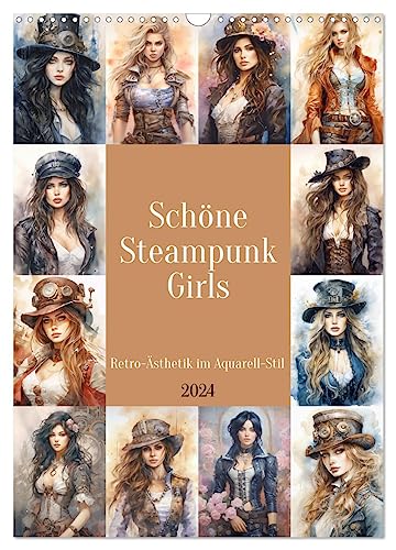 Schöne Steampunk Girls. Retro-Ästhetik im Aquarell-Stil (Wandkalender 2024 DIN A3 hoch), CALVENDO Monatskalender