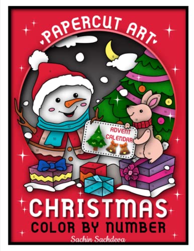 Papercut Art Christmas (Advent Calendar): Color by Number Coloring Book for Adults (Black Lines) (Papercut Art Coloring Book, Band 2)