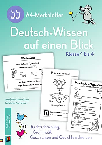 55 A4-Merkblätter Deutsch-Wissen auf einen Blick – Klasse 1 bis 4: Rechtschreibung, Grammatik, Geschichten und Gedichte schreiben