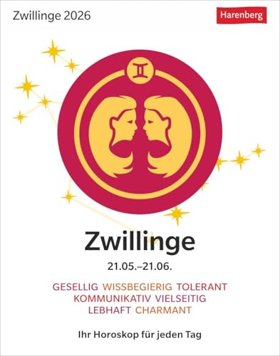Zwillinge Sternzeichenkalender 2026 - Tagesabreißkalender - Ihr Horoskop für jeden Tag: Tischkalender 2026 mit täglichem Horoskop. Kleiner Kalender ... die Sterne (Sternzeichenkalender Harenberg) von Harenberg