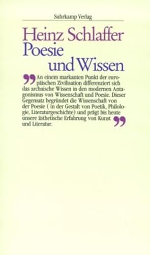 Poesie und Wissen: Die Entstehung des ästhetischen Bewußtseins und der philologischen Erkenntnis von Suhrkamp Verlag