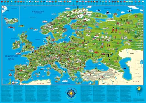 Illustrierte Europakarte für Kinder und Erwachsene: Planokarte in Hülse, Mehrfarbendruck, figürliche Glanzlackierung