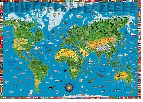 Illustrierte Weltkarte für Kinder und Erwachsene von 5-99: Planokarte in Hülse, Mehrfarbendruck, figurliche Glanzlackierung