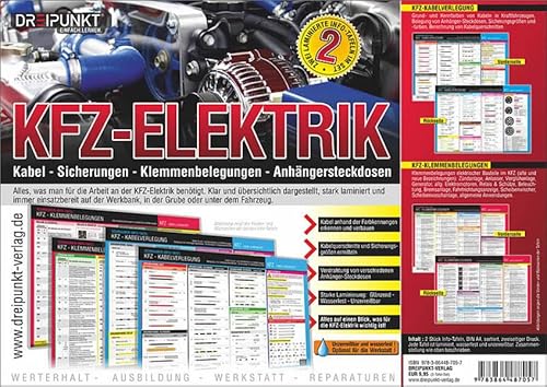 Info-Tafel-Set Kfz-Elektrik: Kabel, Sicherungen, Klemmenbelegungen, Anhängersteckdosen.