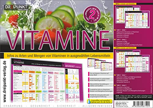 Info-Tafel-Set Vitamine: Infos zu Arten und Mengen von Vitaminen in ausgewählten Lebensmitteln. Zwei Info-Tafeln im Set. von Dreipunkt Verlag