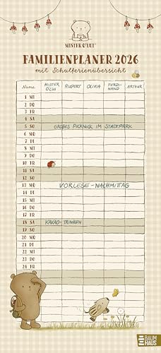 Mister O'Lui - Familienplaner 2026: Liebevoll gestalteter Kalender für die ganze Familie - mit 5 Spalten, Schulferien-Übersicht, Stundenplänen und 3-Monats-Vorschau bis März 2027 von Baumhaus