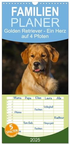 Familienplaner 2025 - Golden Retriever - Ein Herz auf 4 Pfoten mit 5 Spalten (Wandkalender, 21 cm x 45 cm), CALVENDO
