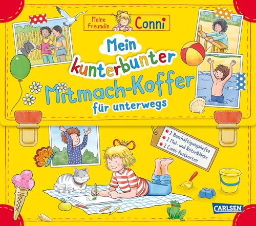 Conni Gelbe Reihe (Beschäftigungsbuch): Mein kunterbunter Mitmach-Koffer für unterwegs: Set für Kinder ab 5 Jahren mit 2 Beschäftigungsheften, 2 Mal- und Rätselblöcken und 1 Conni-Postkartenset