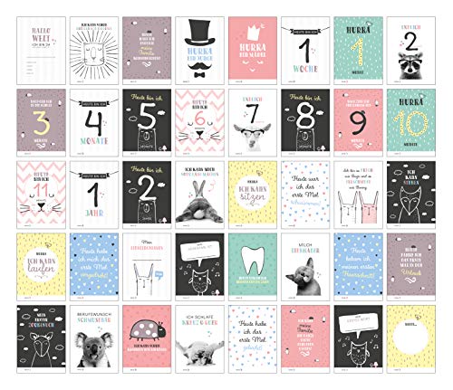 40 Baby Meilenstein-Karten für das 1. Lebensjahr für Mädchen und Junge. Baby Milestone Cards deutsch, zur Erinnerung der Entwicklung der ersten ... ... Geburt, Schwangerschaft, Taufe oder Baby Show von NOVA MD