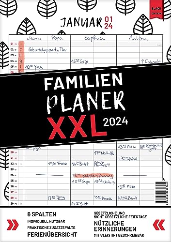 XXL Familienplaner 2024 zum Aufhängen in DIN A3. Hochwertiger und übersichtlicher Familienkalender 2024 mit 3 bis 6 Spalten, plus einer Zusatzspalte. ... Feiertage, Ferien und Zusatzinfos. von Pechschwarz (Nova MD)