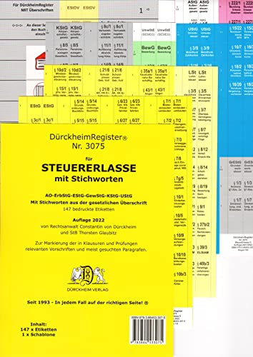 DürckheimRegister® STEUERERLASSE mit Stichworten: 182 Registeretiketten (sog. Griffregister) Für dein EStG, UStG, GewSt, AO. In jedem Fall auf der ... In jedem Fall auf der richtigen Seite®