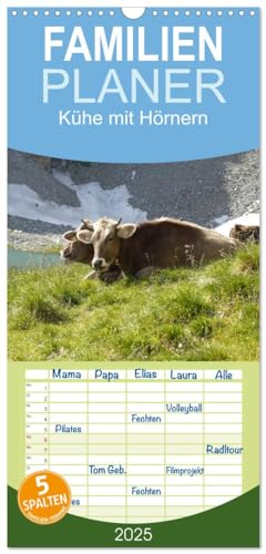 Familienplaner 2025 - Kühe mit Hörnern mit 5 Spalten (Wandkalender, 21 cm x 45 cm), CALVENDO von CALVENDO
