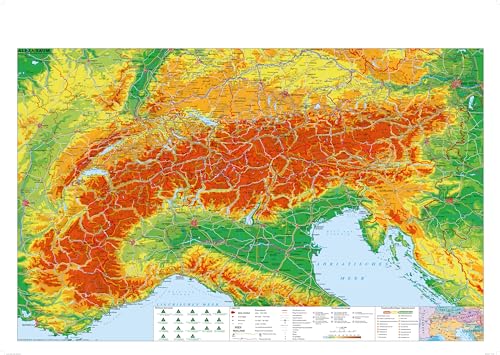 Der Alpenraum mit Weitwander- und Radfernwegen: Wandkarte / Poster von Stiefel