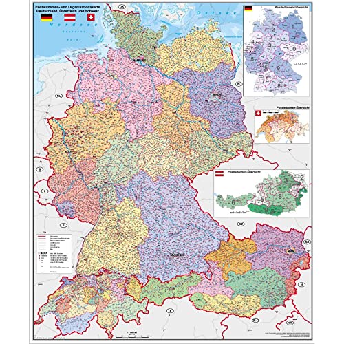 Deutschland-Österreich-Schweiz Postleitzahlen- und Organisationskarte: Wandkarte / Poster NEUE AUFLAGE